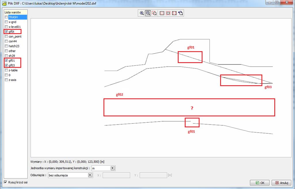 Wykonujemy następnie import pliku model202.dxf w programie GEO5 MES (Plik -> Importuj -> Format DXF dla szablonu) i wyłączamy wszystkie warstwy, które nie są nam potrzebne.
