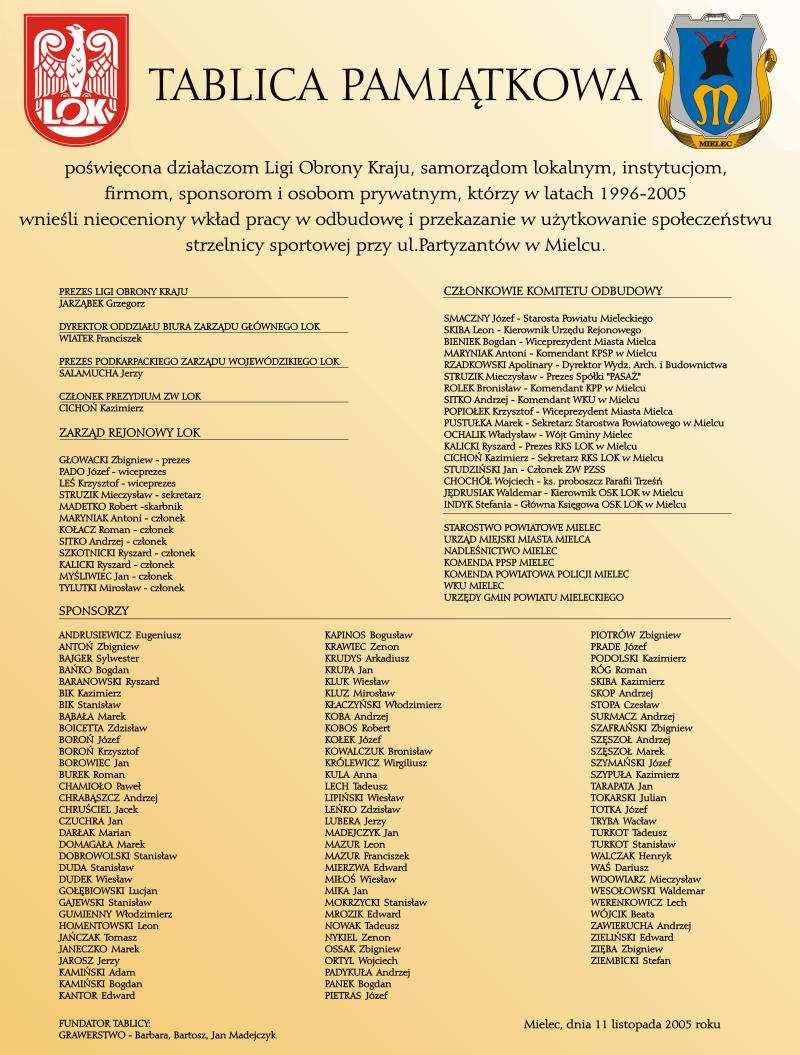 Tablica w Sali Kominkowej ufundowana w rocznicę odzyskania niepodległości państwa. Źródło: Archiwum BPZW LOK, ZR Mielec/Ogniomistrz/VIS w Mielcu. Projekt/wykonanie GRAWERSTWO.