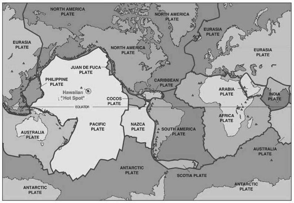 Fig. 1. The map of volcanic phenomena on global tectonics background [4]. volcano. Mauna Loa exhibits its activity more or less effectively from the dawn of history [4].
