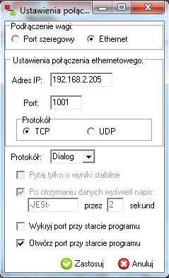 38 INSTRUKCJA OBSŁUGI b) Miernik ME-12 z interfejsem LAN (Ethernet) W oknie Ustawienia połączenia w sekcji Podłączenie wagi należy wybrać Ethernet.