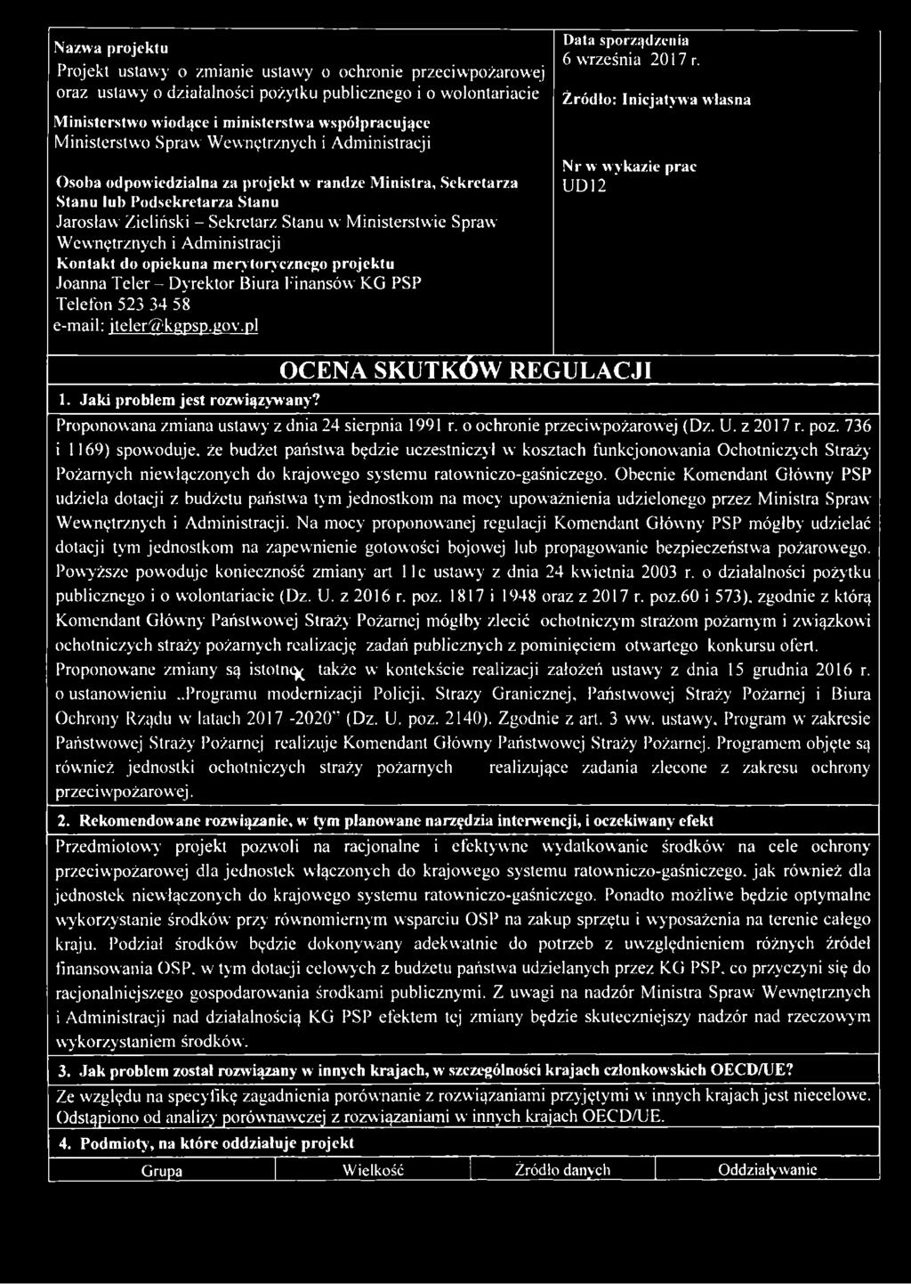 Wewnętrznych i Administracji Kontakt do opiekuna merytorycznego projektu Joanna Teler- Dyrektor Biura Finansów KG PSP Telefon 523 34 58 e-mail: jteler^kgpsp.uov.pl Data sporządzenia 6 września 2017 r.
