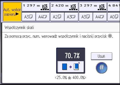 Zmiana skali oryginałów 1. Naciśnij przycisk [Zmiana skali]. 2. Naciśnij [Przyciski numer.]. 3. Wprowadź wybrany współczynnik przyciskami numerycznymi, a następnie naciśnij przycisk [ ]. 4.