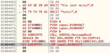 1 0100346A /$>MOV EAX,DWORD PTR SS:[ESP+4] 2 0100346E.>ADD DWORD PTR DS:[1005194],EAX Pierwsza linijka (rozkaz MOV) dodaje do rejestru wartość ze wskaźnika stosu SS:[ESP+4].