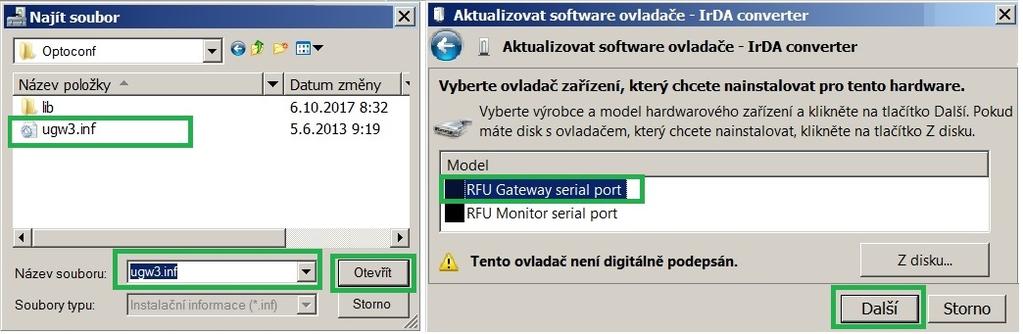 Obr. 14: Instalace driveru USB Otevře se okno Instalace softwaru ovladače s upozorněním na to, že se jedná o driver neznámého výrobce.
