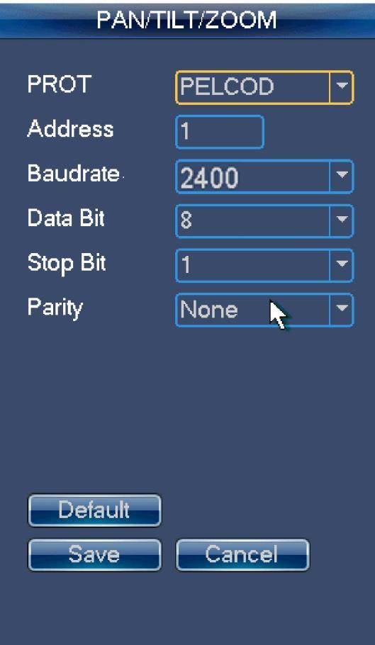 Rysunek 3-65 Konfiguracja urządzenia DVR W menu głównym kliknij System->PTZ, aby ustawić odpowiednią prędkość transmisji, protokół, adres, bity danych, bit stopu, parzystość itp.