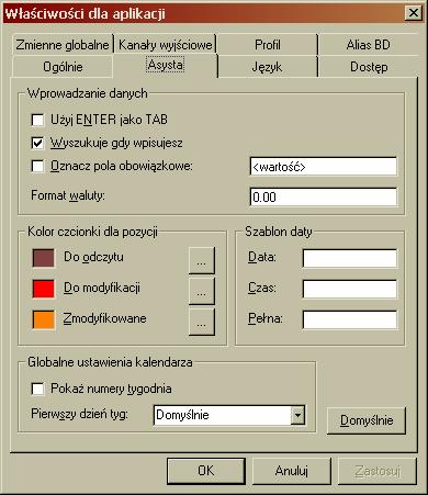 Asysta Plik Opcje Asysta (zakł.) Ta kategoria właściwości dotyczy opcji wyświetlania danych i funkcji klawiszy podczas pracy z systemem IFS Applications, umożliwia np.