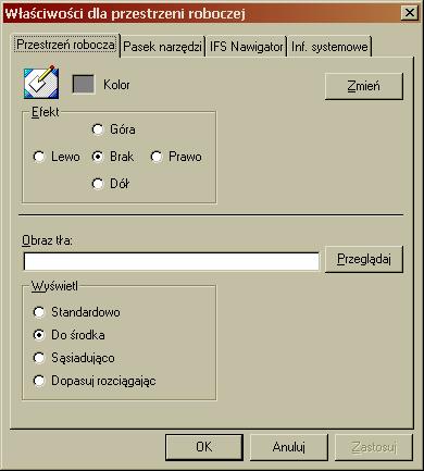 Właściwości przestrzeni roboczej Właściwości te określają wygląd przestrzeni roboczej w systemie IFS Applications (tło głównego ekranu), np. kolor tła i grafika.