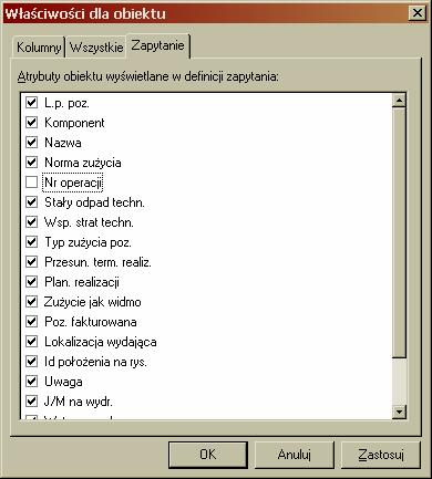 Zakładla Kolumny umożliwia określenie kolumn, które będą wyświetlane. Lista zawiera wszystkie dostępne kolumny. Kolumny, które będą wyświetlane są zaznaczone.