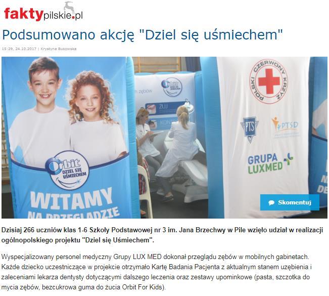 Tytuł: faktypilskie.pl Data: 24 października 2017 Nagłówek: Dzisiaj 266 uczniów klas 1-6 Szkoły Podstawowej nr 3 im.