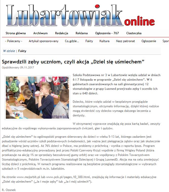 Tytuł: Lubartowiak online Data: 9 listopada 2017 Nagłówek: Szkoła Podstawowa nr 3 w Lubartowie wzięła udział w dniach 6 i 7 listopada w programie "Dziel się
