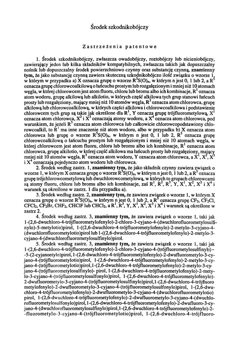 Środek szkodnikobójczy Zastrzeżenia patentowe 1.