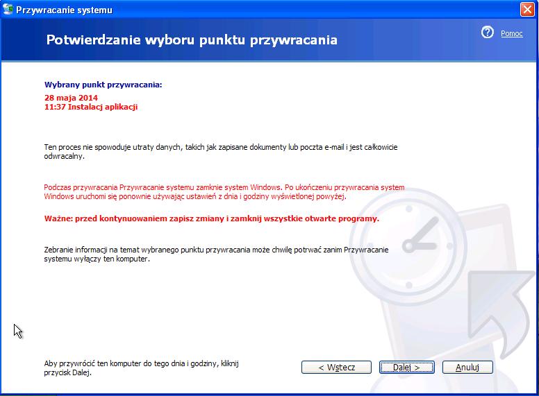 Krok 14 Pojawi się okno "Potwierdź wybór punktu przywracania".