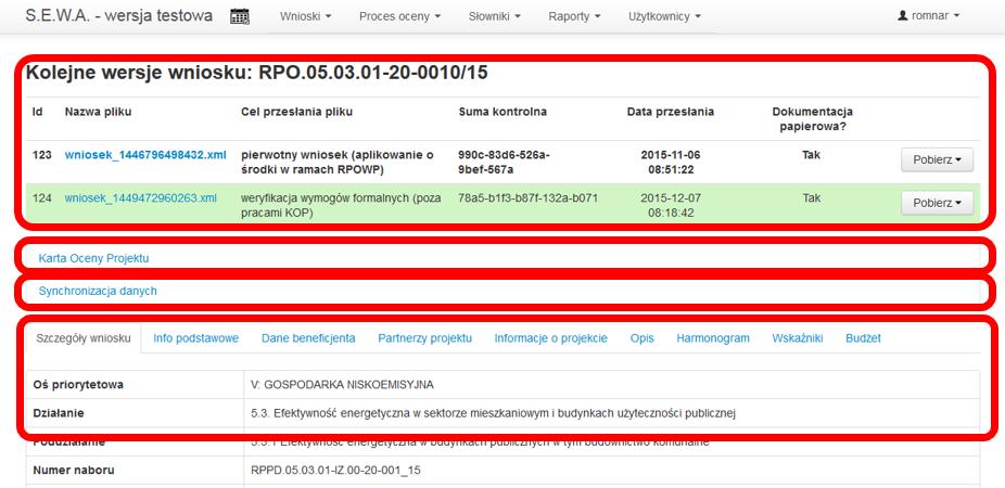 4.1.1 Lista projektów zarejestrowanych/informacje szczegółowe Aktywne przyciski znajdujące się w ostatniej kolumnie zestawienia projektów prezentowanego w widoku Lista projektów zarejestrowanych w