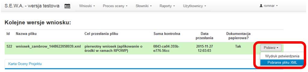 celu przesłania pliku, sumy kontrolnej daty przesłania, informacji czy został złożona wersja papierowa, aktywny przycisk Pobierz.