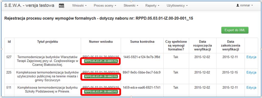 przycisk przycisk pozwala na wczytanie danych kolejnego wniosku z listy i edycję danych, przycisk przycisk pozwala na wczytanie danych poprzedniego wniosku z listy i edycje danych, Uwaga: Na etapie