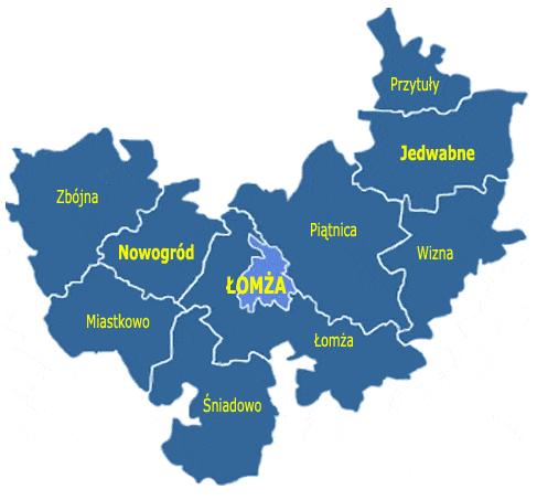 Rysunek 1. Gminy wchodzące w skład powiatu łomżyńskiego Źródło: www.gminy.pl Na koniec 2015 roku gminę Jedwabne zamieszkiwały 5 423 osoby, z czego 49,6% stanowiły kobiety.