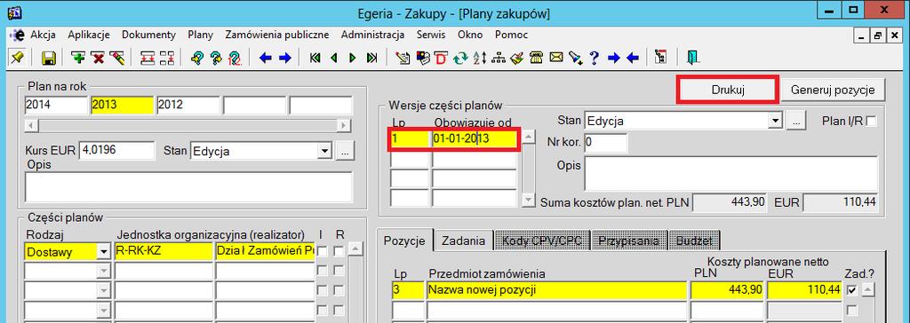 12. Wydruk wersji planu. Lista Czynności: 1. Wydruk W bloku "Wersje części planów" ustawiamy kursor w polu 'Obowiązuje od'. dla wiersza wersji, dla której chcemy dokonać wydruku.