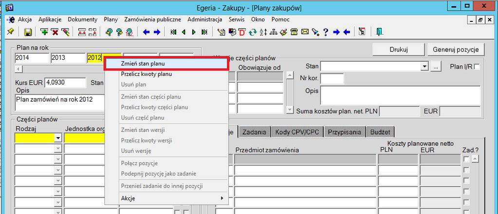 15. Zakończenie planu na dany rok. Lista Czynności: 1. Archiwizowanie planu W bloku "Plan na rok" wybieramy plan, który chcemy zakończyć poprzez ustawienie kursora w danym polu z rokiem.