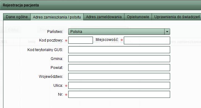 Po wypełnieniu wymaganych pól w zakładce Dane ogólne przechodzimy do kolejnej zakładki Adres zamieszkania/pobytu: Rys.