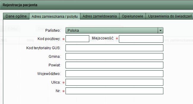 Po wypełnieniu wymaganych pól w zakładce Dane ogólne przechodzimy do kolejnej zakładki Adres zamieszkania/pobytu: Rys.