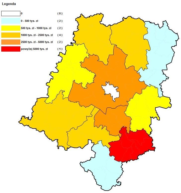 Realizacja wydatków pochodzący z miasta na prawach powiatu zostały uwzględnione na mapie gmin).