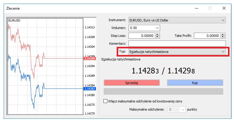 Rodzaje zleceń Wyróżniamy następujące rodzaje zleceń: Zlecenia realizowane natychmiast, Zlecenia oczekujące Zlecenia Stop Loss i Take Profit Zlecenia realizowane natychmiast Aby wprowadzić zlecenie