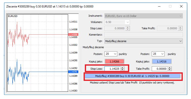 W oknie modyfikacji wystarczy w polu Stop Loss wpisać konkretny poziom i zatwierdzić zmiany klikając przycisk