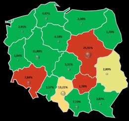Mapa 2. Zróżnicowanie stopnia zagrożenia upadłością przedsiębiorstw oraz udziału liczby pracujących według województw w Polsce w I p. 2015 r. i I p. 2016 r. dla przedsiębiorstw ogółem II p. 2015 II p.