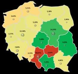 Mapa 3. Zróżnicowanie stopnia zagrożenia upadłością przedsiębiorstw oraz udziału liczby pracujących według województw w I p. 2015 r. i I p. 2016 r. dla przedsiębiorstw produkcyjnych II p. 2015 II p.