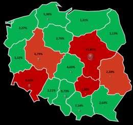 Mapa 5. Zróżnicowanie stopnia zagrożenia upadłością przedsiębiorstw oraz udziału liczby pracujących według województw w I p. 2015 r. i I p. 2016 r. dla przedsiębiorstw usługowych II p. 2015 II p.