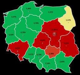 Stopień zagrożenia w województwach uporządkowano za pomocą kolorów, gdzie poziom niski odpowiada odcieniom koloru zielonego od jasnego do ciemnego (0 160), poziom ostrzegawczy odcieniom koloru