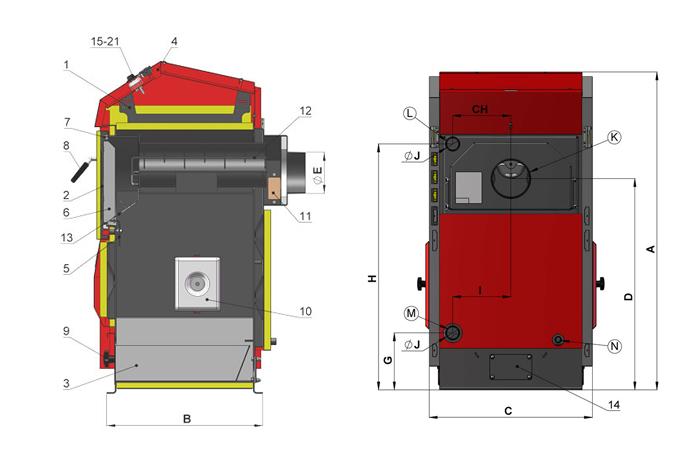 Wymiar 1. Korpus kotła 14. Zaślepka do wbudowania automatycznego odpopielania 2. Drzwiczki do czyszczenia 3. Popielnik 41 l (kod: P0097) 15. Termometr (kod: S0041) 16. Wyłącznik główny (kod: S0091) 4.