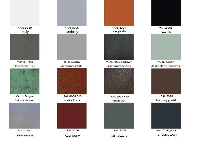 Ofeta kolorów firmy EKRO do pokryć dachowych Rynny dostępne w kolorystyce : 7005, 7016, 8004, 8019, 9005, 9006, 9007,9010 - pozostałe kolory na zapytanie Kolorystyka blach aluminiowych dostępnych w