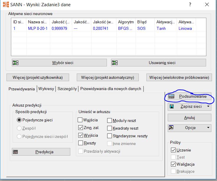 10. Z 5 sieci wybierz 3 sieci, Twoim zdaniem najlepszych z punktu widzenia minimalizacji błędów (np. błędu SOS sumy kwadratów). 11.