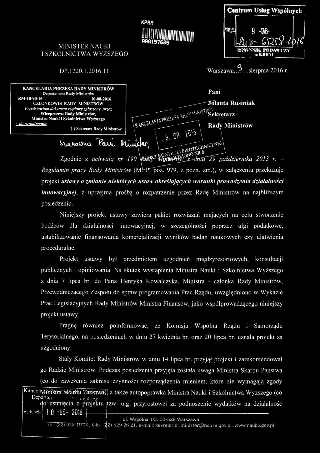 ..--- ",; i\ 1 \ Pani Wiceprezesa Rady Ministrów,...--., '! '!,\"';.'.'. 1 t' s~k r c t a rz...,,>... \ Ministra Nauki i Szkolnictwa Wyższego,, S' ~>.,V' f>. 1_11,1.\:.fl.