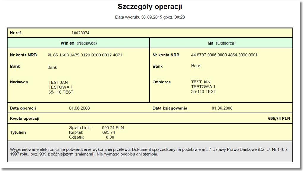 Page23 Przykładowy wydruk: Wydruk szczegółów operacji składa się z następujących elementów: 1. Tytuł wydruku o treści "Szczegóły operacji" znajdujący się w górnej części wydruku 2.