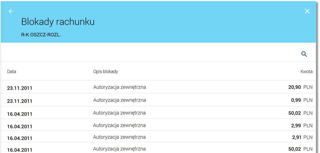 Page26 W ramach dostępnych rachunków użytkownik ma możliwość przeglądania bieżących autoryzacji transakcji, które zostały dokonane na wybranym rachunku, a nie zostały jeszcze rozliczone i