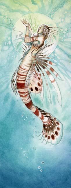 Heaven and Earth Designs Lion Fish Chart No: HAESL 917 By Michele Sayetta Artwork by Stephanie Pui-Mun Law Finished Design Size 200 W by 528H (8W X 21 H inches on 25ct fabric)