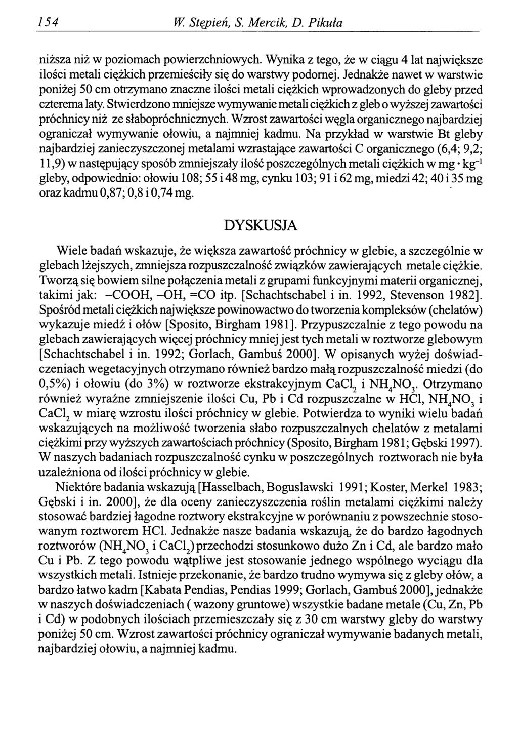 154 W. Stępień, S. Mercik, D. Pikuła niższa niż w poziomach powierzchniowych. Wynika z tego, że w ciągu 4 lat największe ilości metali ciężkich przemieściły się do warstwy podomej.