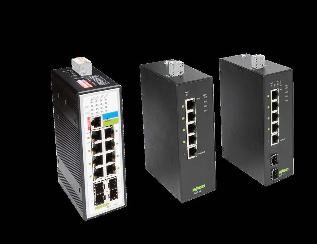 SWITCHE PRZEMYSŁOWE Duża moc PoE+ Zasilanie i transfer danych przez przewód ETHERNET: dzięki nowym switchom Power over Ethernet (PoE) nie trzeba już w sieci IP stosować osobnych zasilaczy.