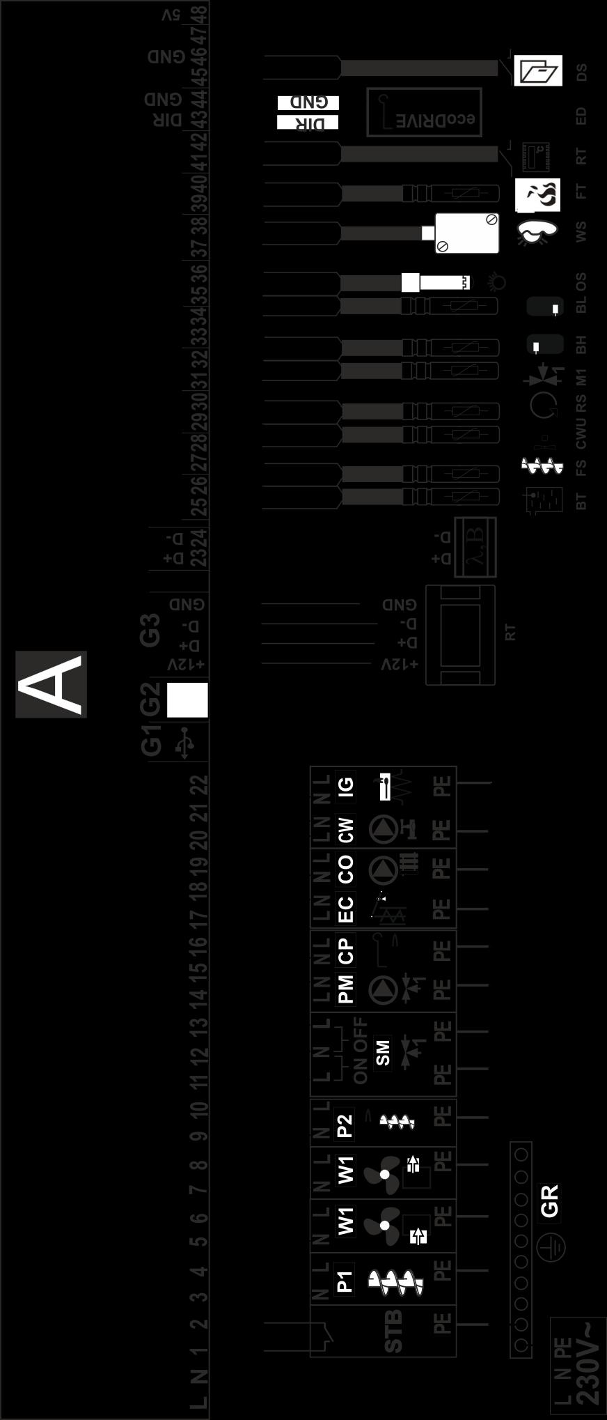 Schemat podłączenia elektrycznego regulatora: RT panel sterujący oraz dodatkowo panel pokojowy ecoster TOUCH, λ moduł sondy Lambda, B - moduł do obsługi dodatkowych obiegów grzewczych, BT czujnik