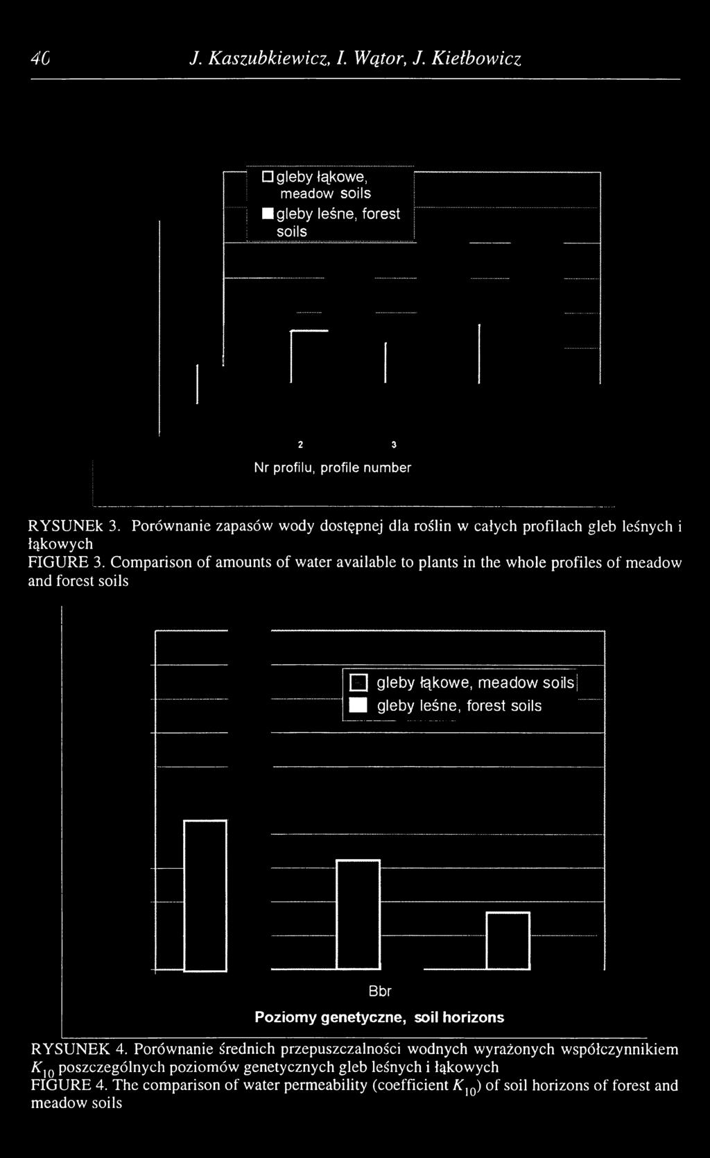 Comparison of amounts of water available to plants in the whole profiles of meadow and forest soils gleby łąkowe, meadow soils] Ж gleby leśne, forest soils Bbr Poziomy