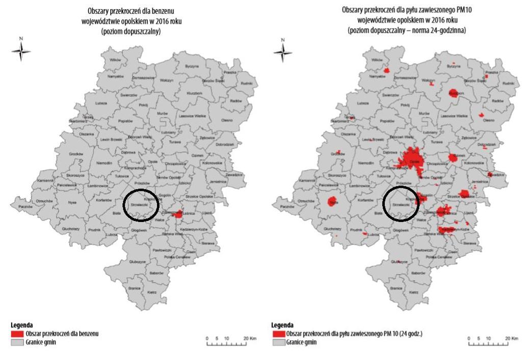 Rysunek 4. Obszary przekroczeń problematycznych zanieczyszczeń na terenie województwa opolskiego, wykazane w ocenie jakości powietrza za rok 2016.