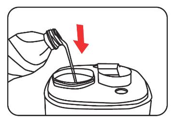 3. Pour demineralized water. Screw the valve in and place the tank on the base. 4. You can also pour an aromatherapy oil into the box.