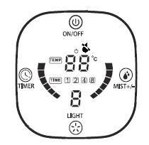 DESCRIPTION OF DISPLAY AND KEYS ON/OFF switch No water in tank indicator TIMER key Humidification level indicator Temperature indicator TEMP Humidification