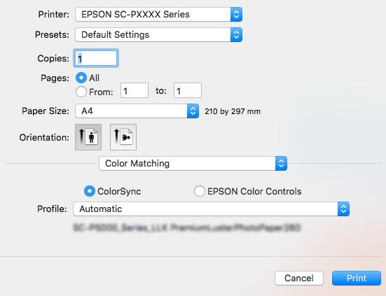W przypadku wybrania na ekranie Main (Główne) z listy Media Type (Rodzaj nośnika) nośnika specjalnego firmy Epson profil drukarki odpowiedni dla danego rodzaju nośnika zostanie automatycznie wybrany