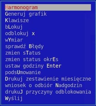 Menu Grafik menu modułu pozwalające na wykonywanie głównych operacji i obsługi programu tj. generowanie grafiku, wstawianie godzin, statusów, generowanie wydruków, blokady itp.