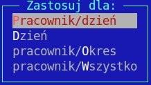 Wymiar opcja działa jedynie w widoku wymiar. Pozwala nam ona na zmianę trybu pracy. Do wyboru mamy pokazane tryby. Jeżeli chcemy zmienić część etatu musimy skorzystać ponownie z generatora grafiku.