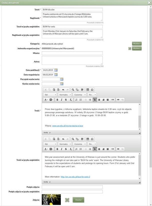 Moduł Aktualności Formularz dodawania aktualności Treść aktualności powinna być zwięzła. Do aktualności można wgrać zdjęcie. Powinno mieć ono wymiary 800x450 pikseli.