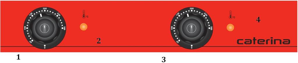 Panel sterowania: 1. Regulator temperatury lewej płyty grzejnej 2. Lampka kontrolna grzania lewej płyty grzejnej 3. Regulator temperatury prawej płyty grzejnej 4.